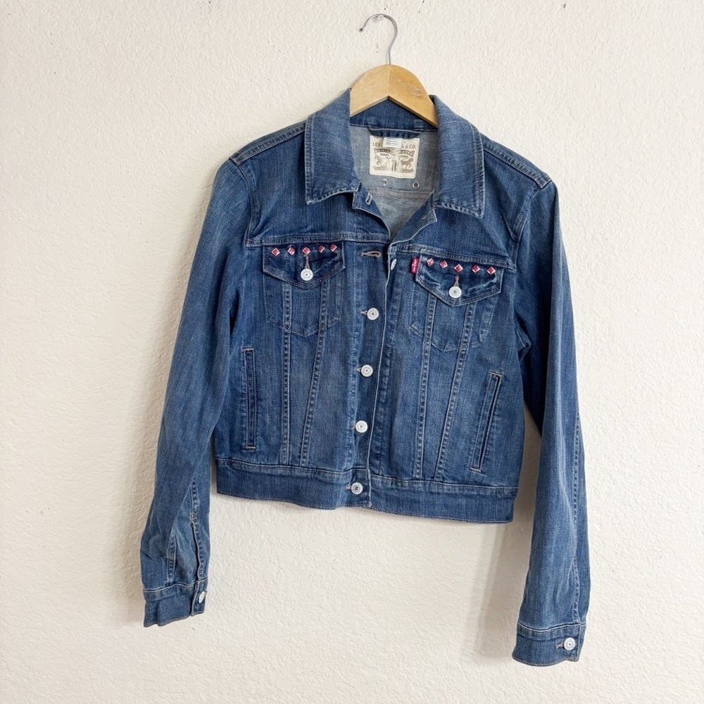 Levis Denim Trucker Jacket Size L Studded Red‎ Diamond Embellished Medium Wash